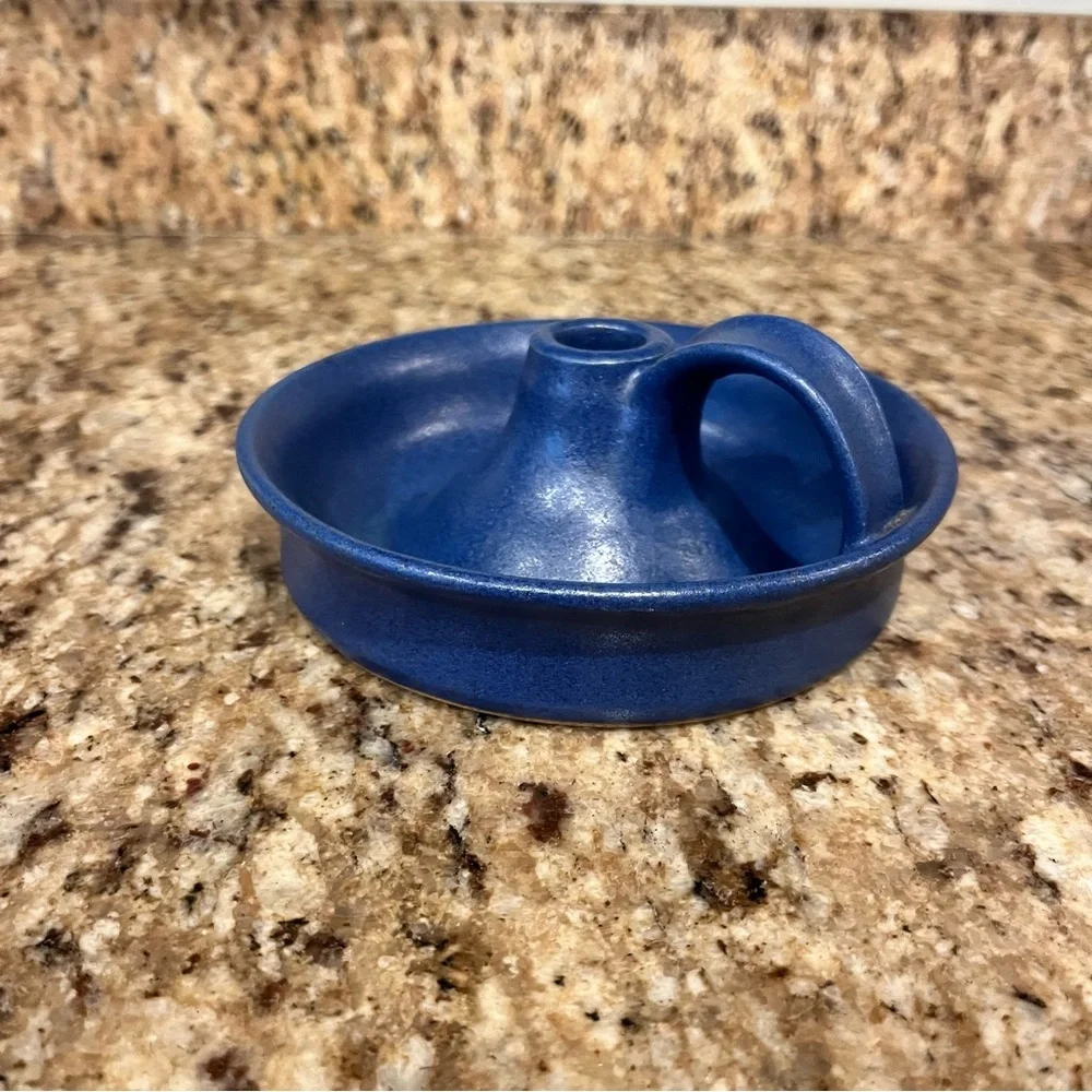 Vintage 90s Blue Pottery Hand Thrown Candlestick Taper Candle Holder Cottagecore